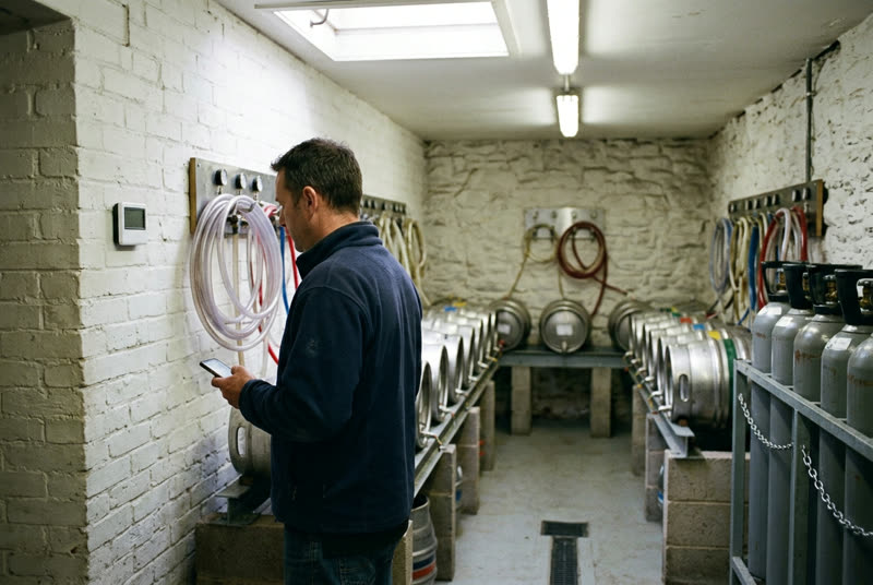 A landlord checks the temperature gauge in a clean beer cellar