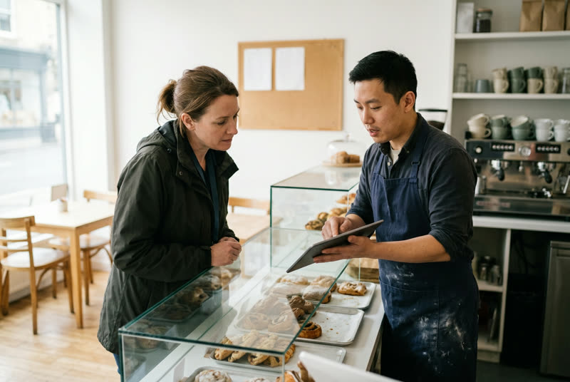 A cafe owner shows an inspector the record on a tablet at the counter